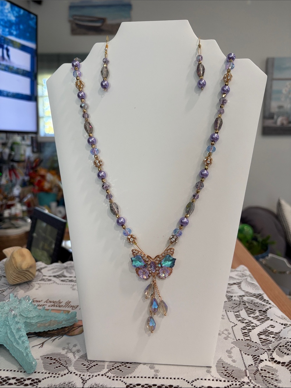 Elegant Purple and Aqua Butterfly Pendant Necklace with Matching Earrings